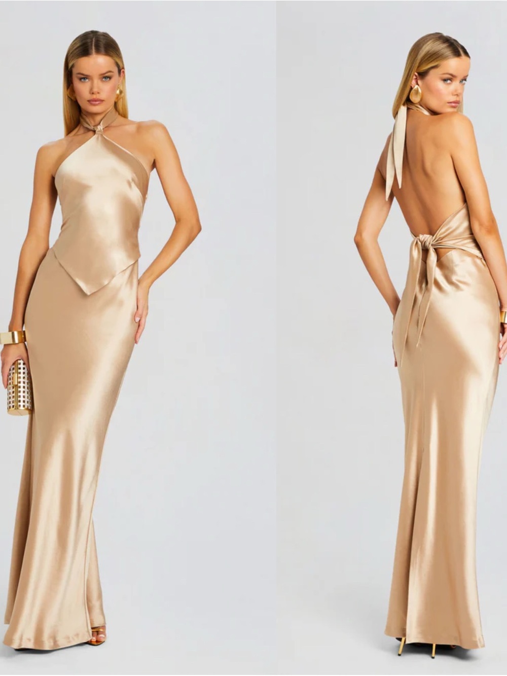 Retrofete Ester Satin Halter Maxi Dress Champagne Gold XXL